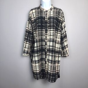 Topshop Black and Ivory Plaid Print Button Front Long Length Tunic Shirt size 8